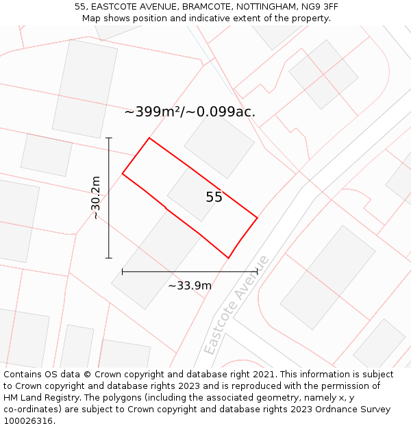 55, EASTCOTE AVENUE, BRAMCOTE, NOTTINGHAM, NG9 3FF: Plot and title map