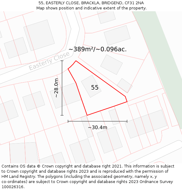 55, EASTERLY CLOSE, BRACKLA, BRIDGEND, CF31 2NA: Plot and title map