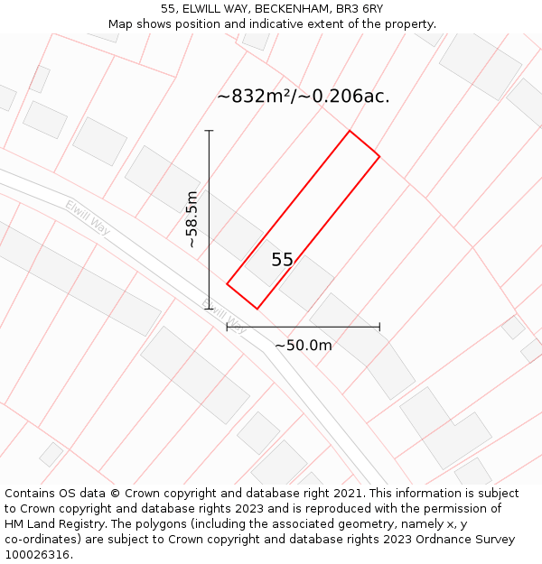 55, ELWILL WAY, BECKENHAM, BR3 6RY: Plot and title map