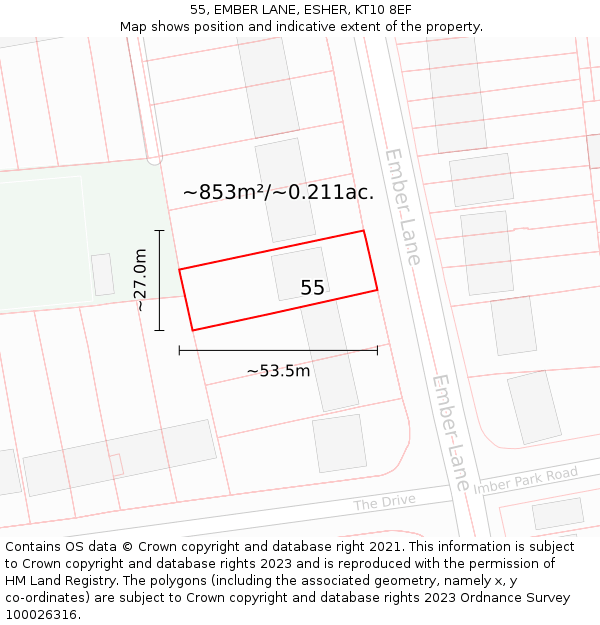 55, EMBER LANE, ESHER, KT10 8EF: Plot and title map