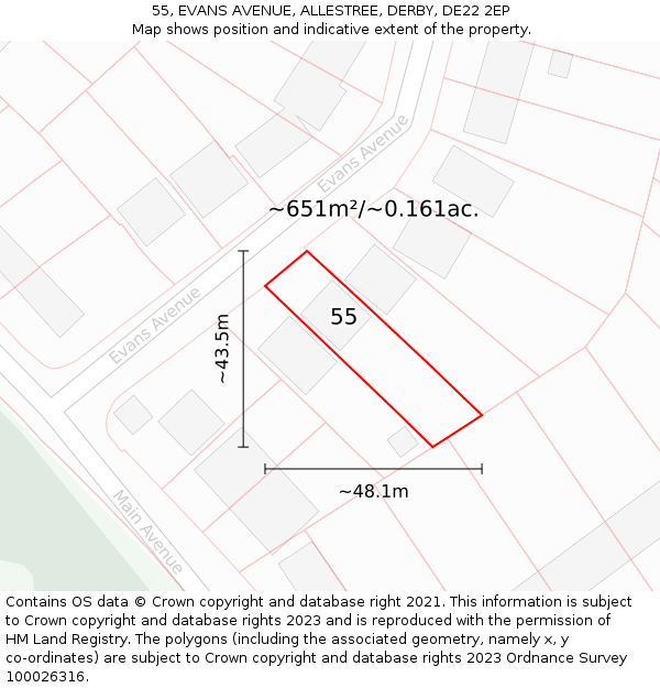 55, EVANS AVENUE, ALLESTREE, DERBY, DE22 2EP: Plot and title map