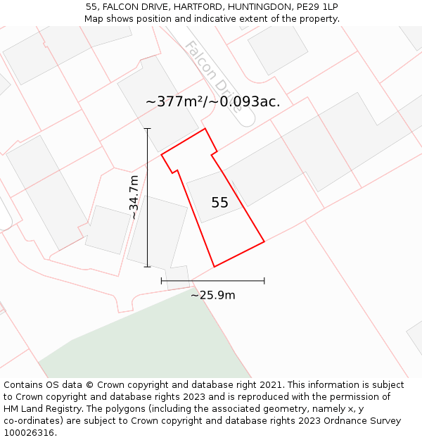 55, FALCON DRIVE, HARTFORD, HUNTINGDON, PE29 1LP: Plot and title map