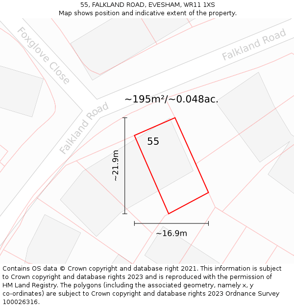 55, FALKLAND ROAD, EVESHAM, WR11 1XS: Plot and title map