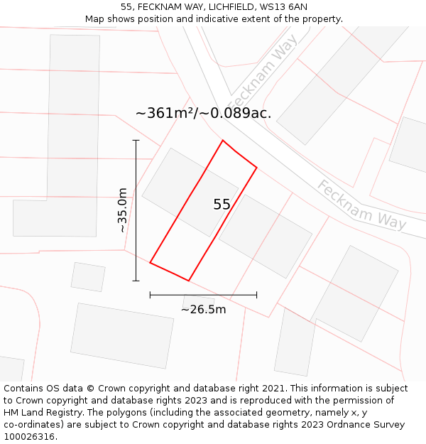 55, FECKNAM WAY, LICHFIELD, WS13 6AN: Plot and title map