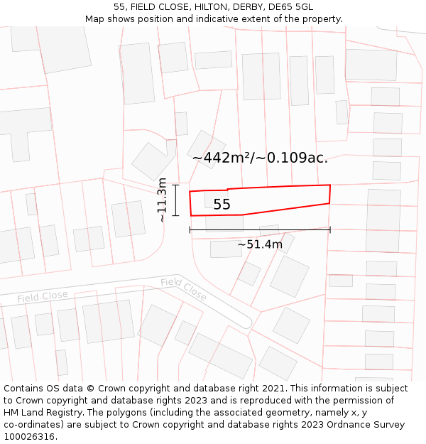 55, FIELD CLOSE, HILTON, DERBY, DE65 5GL: Plot and title map