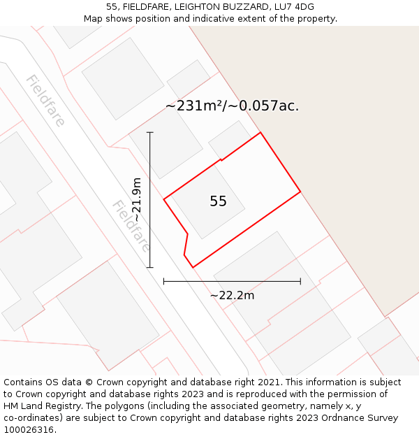 55, FIELDFARE, LEIGHTON BUZZARD, LU7 4DG: Plot and title map
