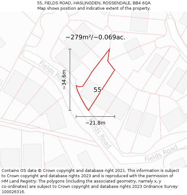 55, FIELDS ROAD, HASLINGDEN, ROSSENDALE, BB4 6QA: Plot and title map