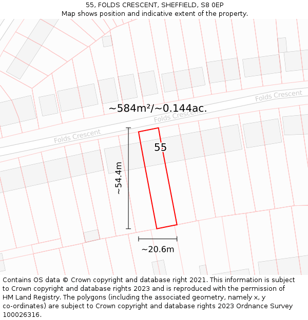 55, FOLDS CRESCENT, SHEFFIELD, S8 0EP: Plot and title map