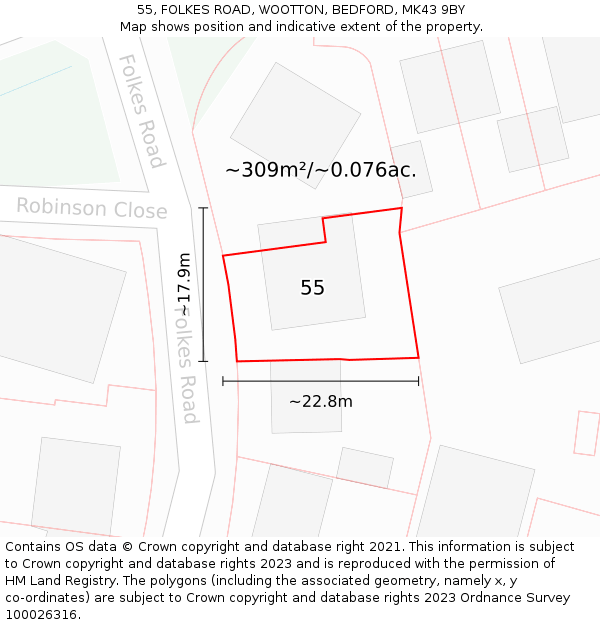 55, FOLKES ROAD, WOOTTON, BEDFORD, MK43 9BY: Plot and title map