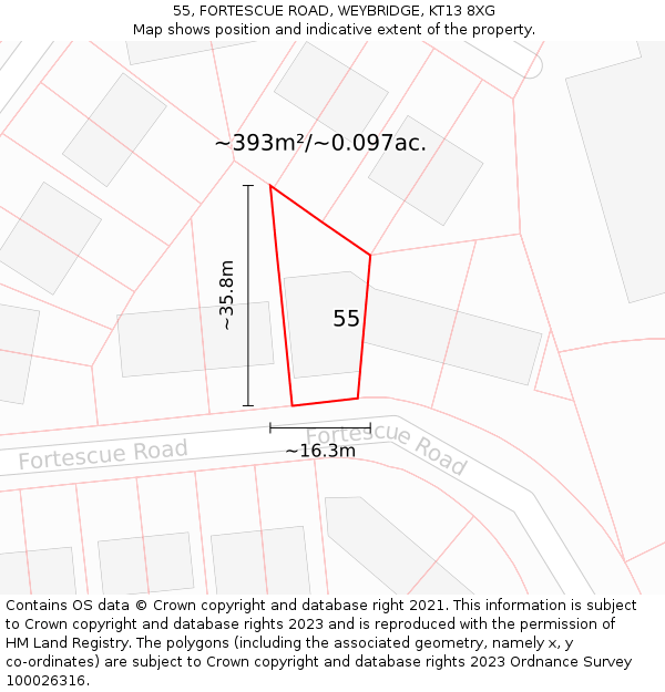 55, FORTESCUE ROAD, WEYBRIDGE, KT13 8XG: Plot and title map