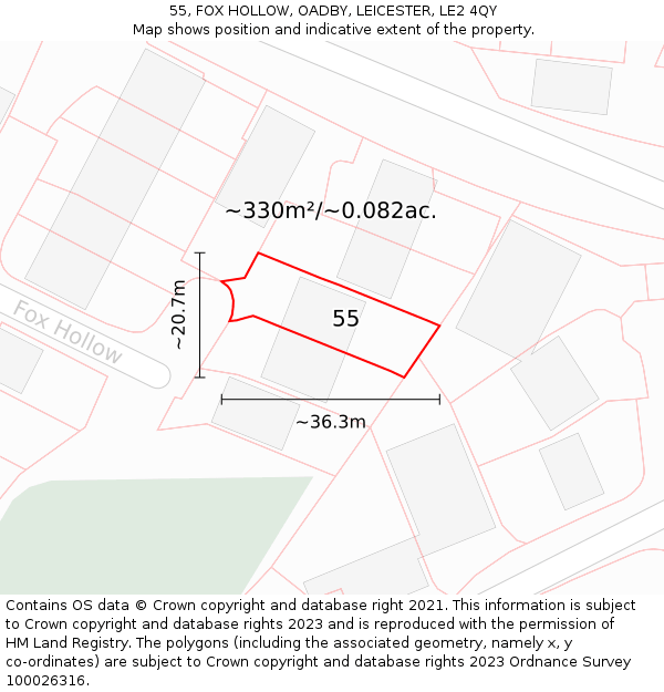 55, FOX HOLLOW, OADBY, LEICESTER, LE2 4QY: Plot and title map