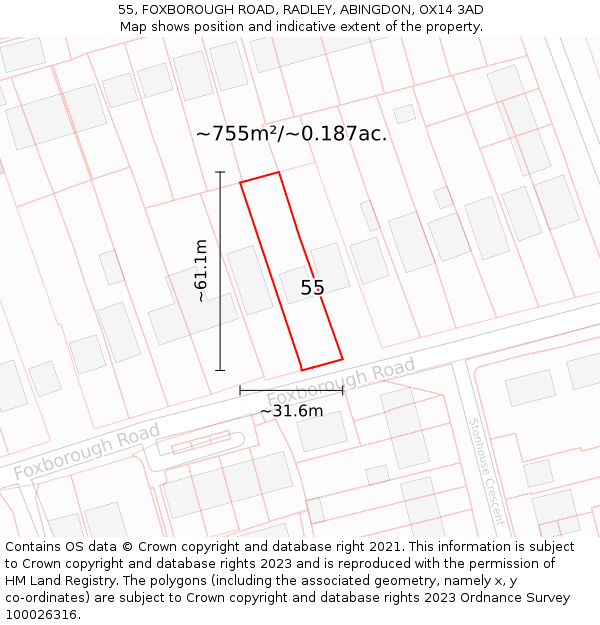 55, FOXBOROUGH ROAD, RADLEY, ABINGDON, OX14 3AD: Plot and title map