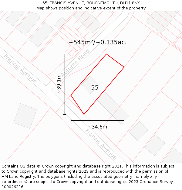 55, FRANCIS AVENUE, BOURNEMOUTH, BH11 8NX: Plot and title map