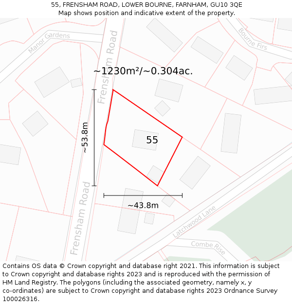 55, FRENSHAM ROAD, LOWER BOURNE, FARNHAM, GU10 3QE: Plot and title map