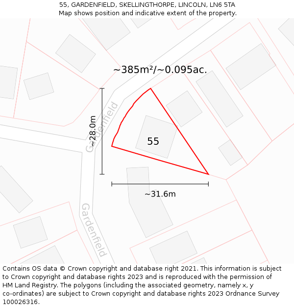 55, GARDENFIELD, SKELLINGTHORPE, LINCOLN, LN6 5TA: Plot and title map