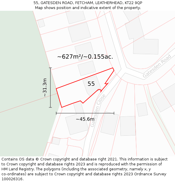 55, GATESDEN ROAD, FETCHAM, LEATHERHEAD, KT22 9QP: Plot and title map