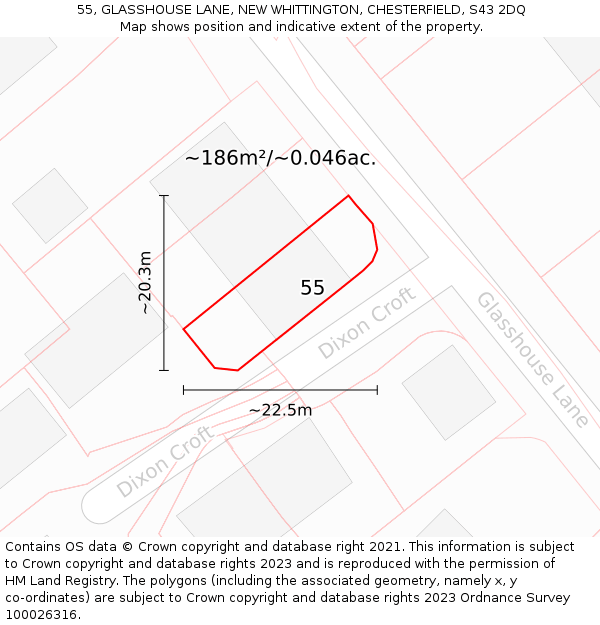 55, GLASSHOUSE LANE, NEW WHITTINGTON, CHESTERFIELD, S43 2DQ: Plot and title map