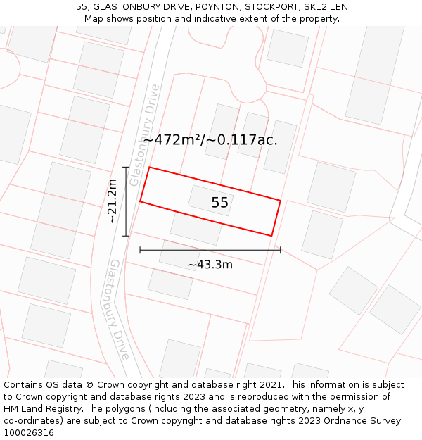 55, GLASTONBURY DRIVE, POYNTON, STOCKPORT, SK12 1EN: Plot and title map