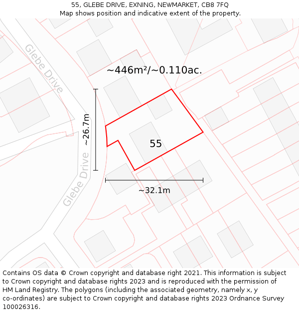 55, GLEBE DRIVE, EXNING, NEWMARKET, CB8 7FQ: Plot and title map