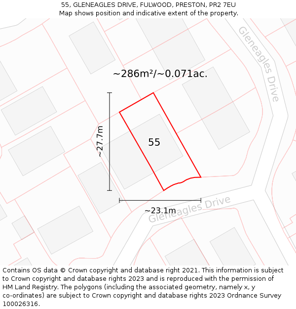 55, GLENEAGLES DRIVE, FULWOOD, PRESTON, PR2 7EU: Plot and title map