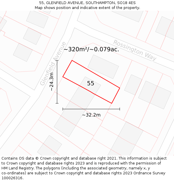 55, GLENFIELD AVENUE, SOUTHAMPTON, SO18 4ES: Plot and title map