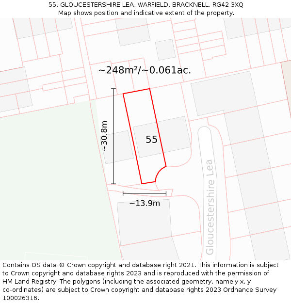 55, GLOUCESTERSHIRE LEA, WARFIELD, BRACKNELL, RG42 3XQ: Plot and title map