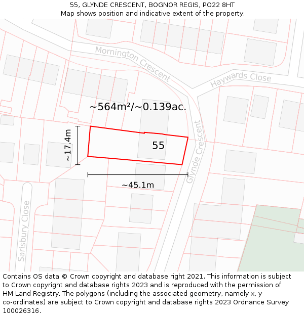 55, GLYNDE CRESCENT, BOGNOR REGIS, PO22 8HT: Plot and title map