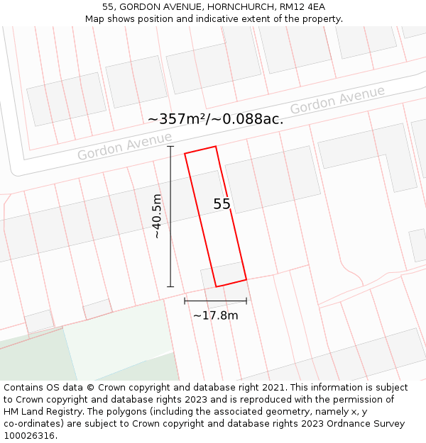 55, GORDON AVENUE, HORNCHURCH, RM12 4EA: Plot and title map