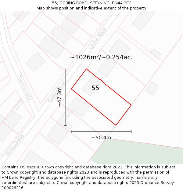55, GORING ROAD, STEYNING, BN44 3GF: Plot and title map