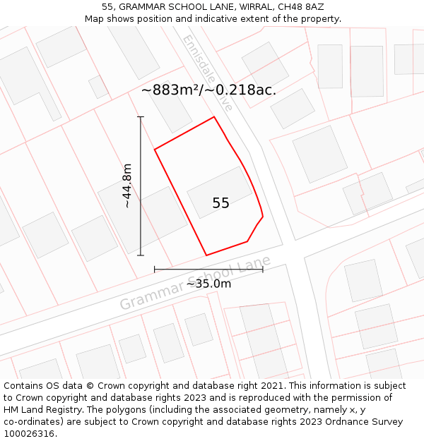 55, GRAMMAR SCHOOL LANE, WIRRAL, CH48 8AZ: Plot and title map
