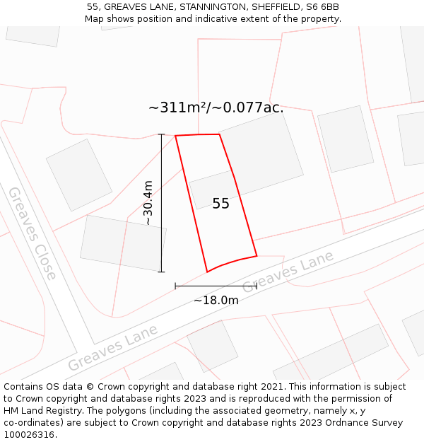 55, GREAVES LANE, STANNINGTON, SHEFFIELD, S6 6BB: Plot and title map