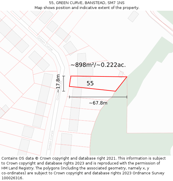 55, GREEN CURVE, BANSTEAD, SM7 1NS: Plot and title map