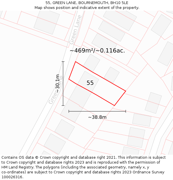 55, GREEN LANE, BOURNEMOUTH, BH10 5LE: Plot and title map