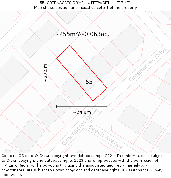55, GREENACRES DRIVE, LUTTERWORTH, LE17 4TN: Plot and title map