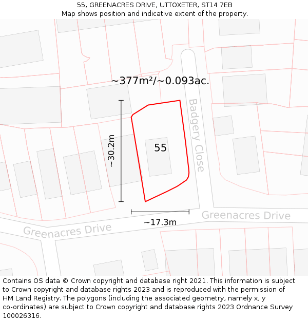 55, GREENACRES DRIVE, UTTOXETER, ST14 7EB: Plot and title map