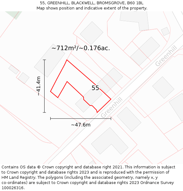 55, GREENHILL, BLACKWELL, BROMSGROVE, B60 1BL: Plot and title map