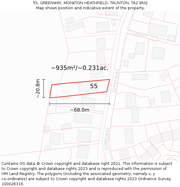 55, GREENWAY, MONKTON HEATHFIELD, TAUNTON, TA2 8NQ: Plot and title map