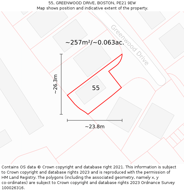 55, GREENWOOD DRIVE, BOSTON, PE21 9EW: Plot and title map