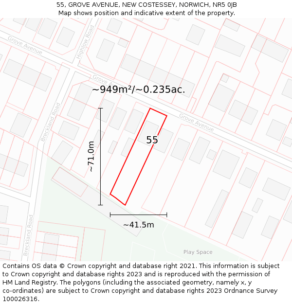55, GROVE AVENUE, NEW COSTESSEY, NORWICH, NR5 0JB: Plot and title map