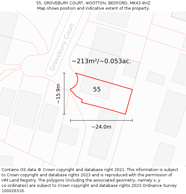 55, GROVEBURY COURT, WOOTTON, BEDFORD, MK43 9HZ: Plot and title map
