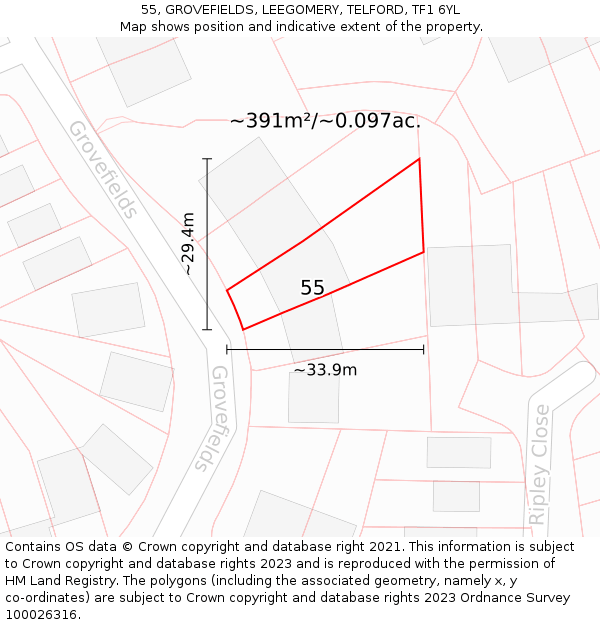 55, GROVEFIELDS, LEEGOMERY, TELFORD, TF1 6YL: Plot and title map