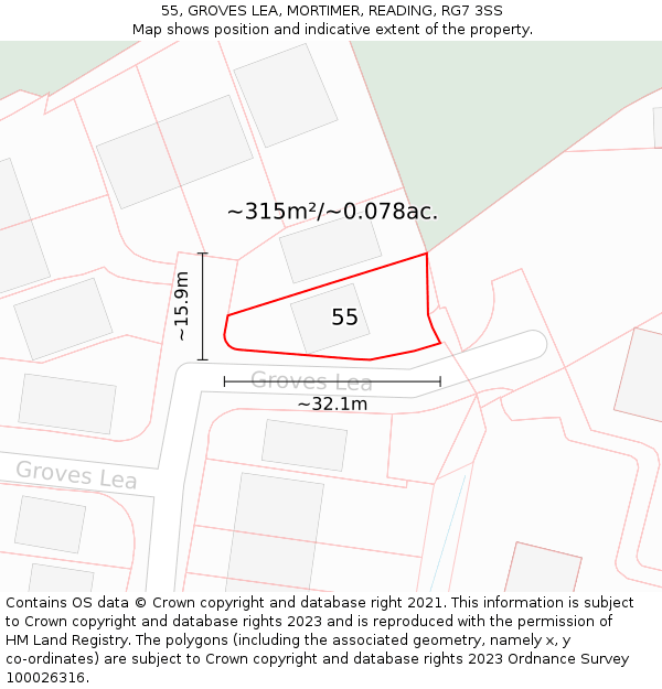 55, GROVES LEA, MORTIMER, READING, RG7 3SS: Plot and title map