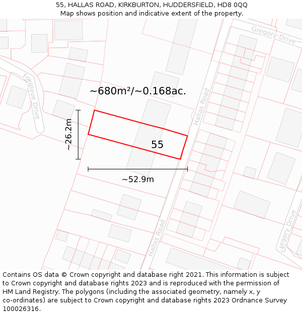 55, HALLAS ROAD, KIRKBURTON, HUDDERSFIELD, HD8 0QQ: Plot and title map
