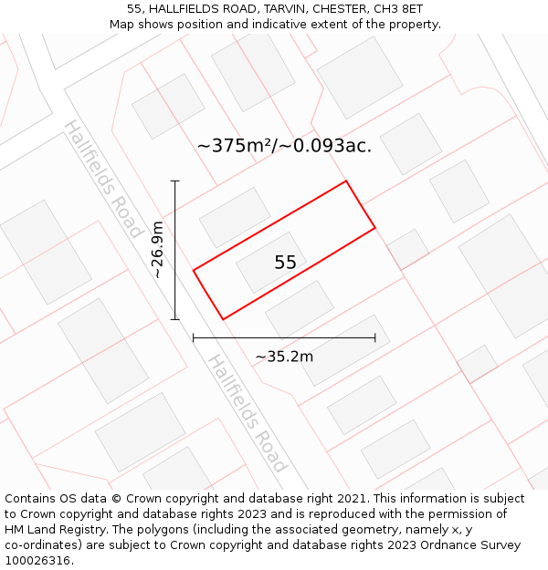 55, HALLFIELDS ROAD, TARVIN, CHESTER, CH3 8ET: Plot and title map