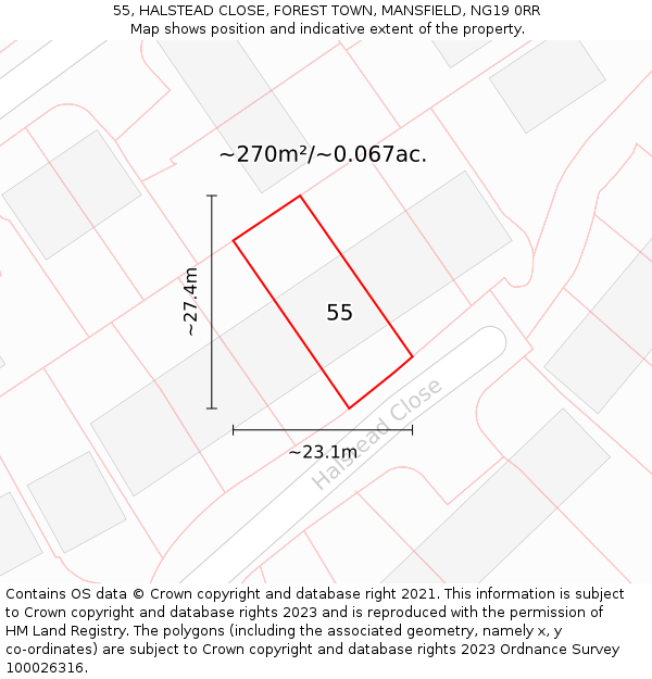 55, HALSTEAD CLOSE, FOREST TOWN, MANSFIELD, NG19 0RR: Plot and title map