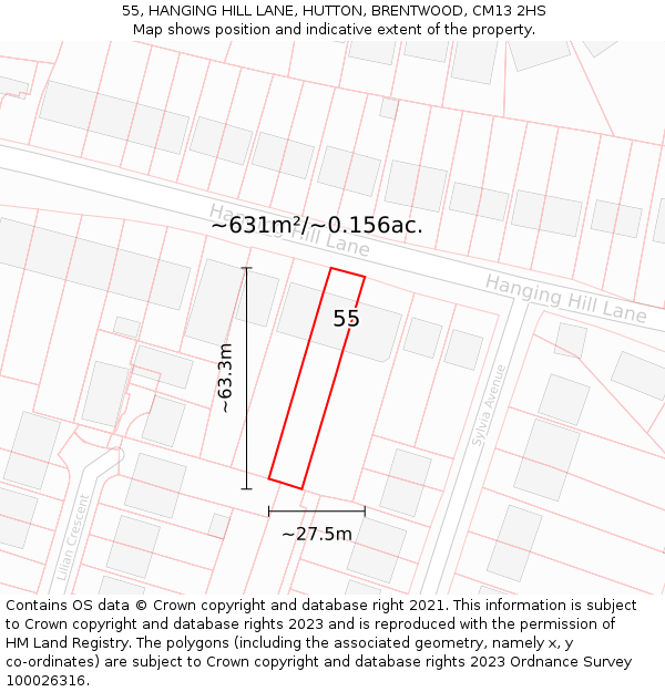 55, HANGING HILL LANE, HUTTON, BRENTWOOD, CM13 2HS: Plot and title map