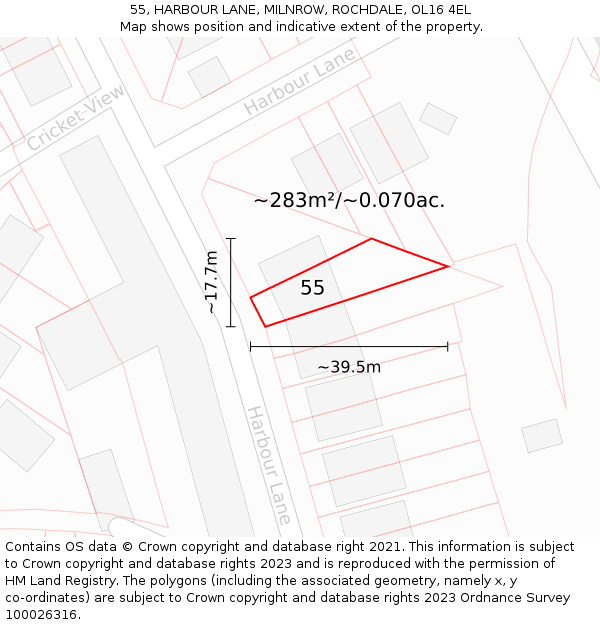 55, HARBOUR LANE, MILNROW, ROCHDALE, OL16 4EL: Plot and title map