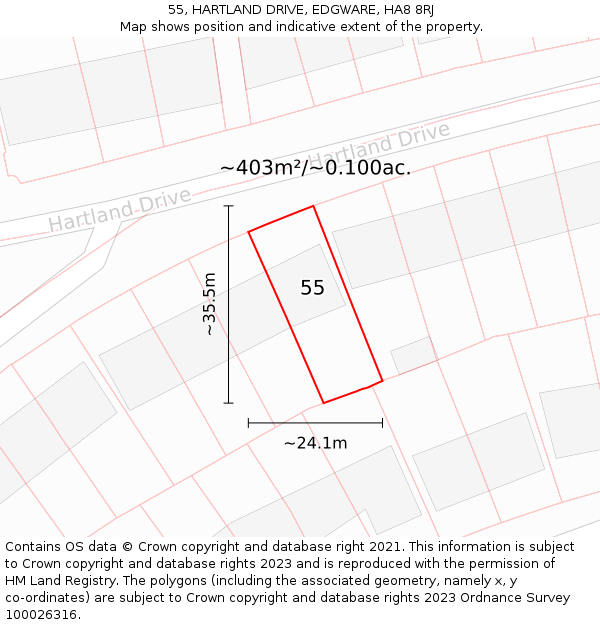 55, HARTLAND DRIVE, EDGWARE, HA8 8RJ: Plot and title map