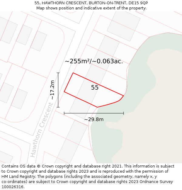 55, HAWTHORN CRESCENT, BURTON-ON-TRENT, DE15 9QP: Plot and title map