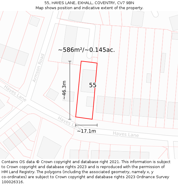 55, HAYES LANE, EXHALL, COVENTRY, CV7 9BN: Plot and title map